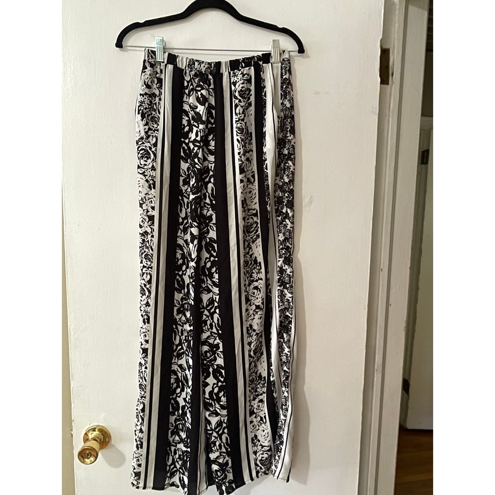 Forever 21 Contemporary Wide Leg Floral Stripe Pants Black White XS Pocket Lined